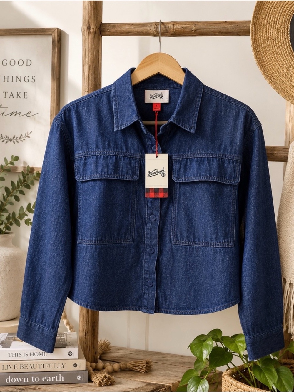 Woolrich Cropped Denim Utility Shirt Jacket Dark Rinse NWT Size Small